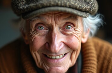 Elderly man wears flat cap close up smiling with visible wrinkles. Blue eyes look forward showing wisdom and life experience. Warm sweater adds cozy feeling.