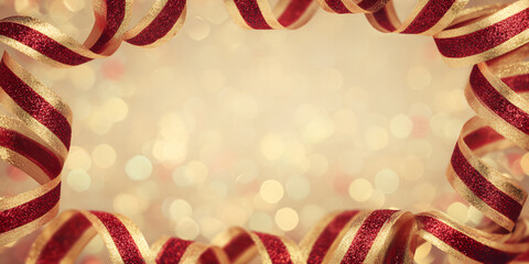 Abstract holiday background with red and gold ribbons along the edges. Soft light background with bokeh effect. New Year's mood. Minimalistic composition.