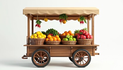 Wooden market cart loaded with fresh fruit, vegetables. Wicker baskets hold bright lemons, oranges, green, red apples. Radishes, leafy greens hang from canopy. Vibrant produce display ready for