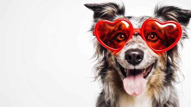 St. Valentine's Day concept. Funny puppy dog border collie in red heart shaped glasses isolated on white background. Lovely dog in love celebrating valentines day. Love