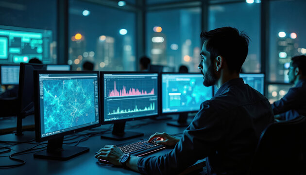 Man works in network operation center at night. He monitors data on multiple computer screens. Team of tech specialists controls traffic flow and data security. City lights visible in window.