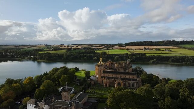 Linlithgow Palace from a drone, Linlithgow Loch, West Lothian, Scotland