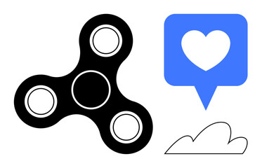 Black fidget spinner paired with blue speech bubble containing a white heart and a minimalist cloud outline. Ideal for relaxation, mindfulness, sharing, balance, conversation, play, social media