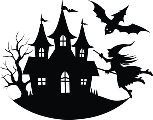 Witch Flying Past Haunted Mansion Art | Witch Passing Haunted House Halloween Design