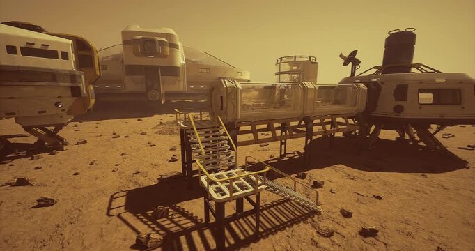 A futuristic habitat on the surface of Mars demonstrates innovative architecture for human exploration. The structures are built to withstand harsh conditions, while supporting life in space.