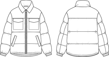 Puffer jacket technical fashion sketch, front and back view, segmented sleeves, chest pockets, zipper closure, winter outerwear design, vector illustration template