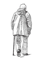 One elderly man in jacket with cane walking outdoors, realistic sketch, vector hand drawing
