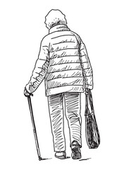 One elderly woman in jacket with handbag, cane walking outdoors, realistic sketch, vector hand drawing