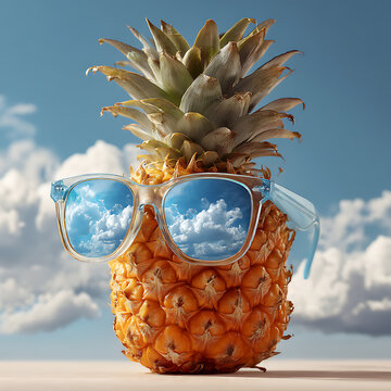 A pineapple wearing blue-lensed sunglasses reflects the clear sky
