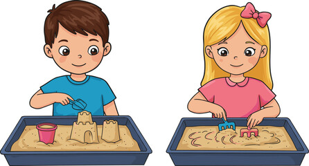 Cartoon children playing with sand, creative activity, fine motor skills, sandbox tools, educational illustration, kids learning, vector art, school playtime