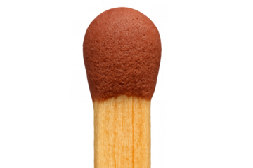 Wooden matchstick head close-up details, displaying brown chemical tip and raw wood on transparent background