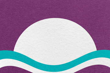 Violet textured paper background with white circle for copy space and turquoise waves for banner, presentation