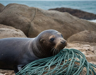 Fototapeta premium A fur seal was caught in a fishing net on the ocean shore. Close-up. Marine animal protection concept, sea lion on the beach