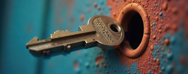 Perfectly Aligned Ancient Metal Key in Keyhole - Precision and Successful Connection
