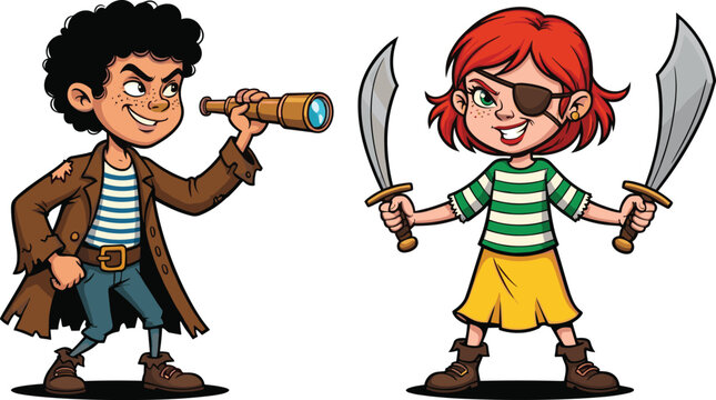 Cartoon pirate kids, adventurous pirate duo, curly hair boy, redhead girl, swords, telescope, striped clothes, eye patch, playful illustration