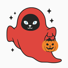 Cute Cat Ghost with pumpkin halloween logo twitch emote white background