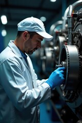 Precision Maintenance Technician Carefully Inspecting Industrial Machinery for Optimal Performance and Longevity in a Factory Setting