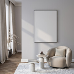 Modern Living Room Poster Frame Mockup with Natural Light and Minimalist Decoration. 3D render.