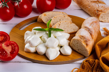 buffalo mozzarella balls, red tomatoes and bread