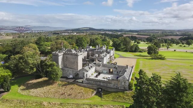 Dundas Castle over South Queensferry from a drone, Edinburgh, Scotland, UK