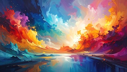 An ethereal landscape painting bursts with vibrant, swirling colors of blue, orange, and purple skies reflected. A calm lake spans below