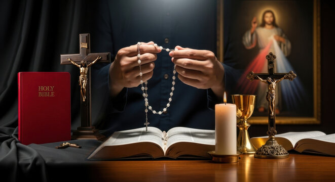 Sacred Prayer A priest's hands count rosary beads at a Catholic altar the image evokes faith devotion and solemnity