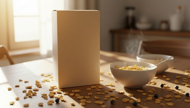 Healthy Breakfast Cornflakes Cereal Box and Bowls on Table in Morning Light
