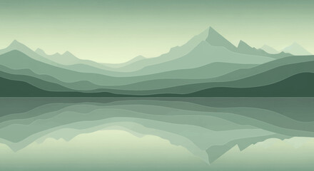 Misty mountain silhouettes in a serene landscape with water reflection