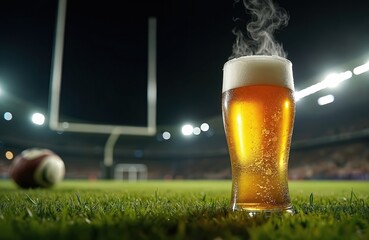 Glass of lager at rugby stadium at night. Beer stands on green grass, goal posts in background. Refreshing drink in bar symbolizes sport, event and entertainment.