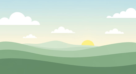 Peaceful morning landscape illustration of rolling green hills at sunrise with clouds in the sky