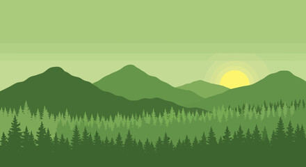 Green Mountain Range with Pine Forest and Sunrise Silhouette