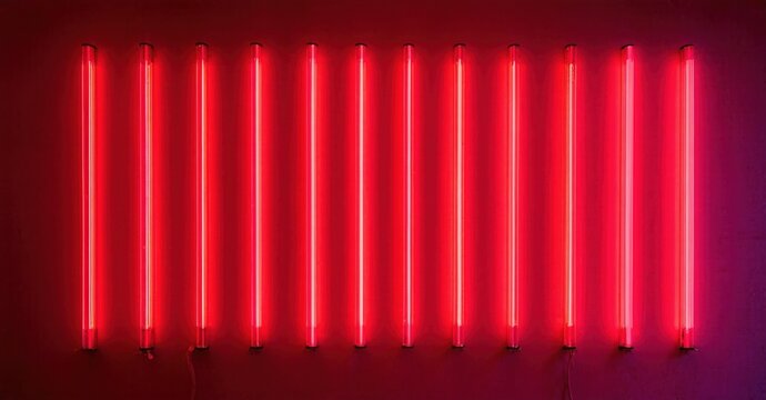 Vertical red neon tubes illuminate dark wall. Minimalist design creates striking visual impact. Simple geometry, modern aesthetic. - Powered by Adobe