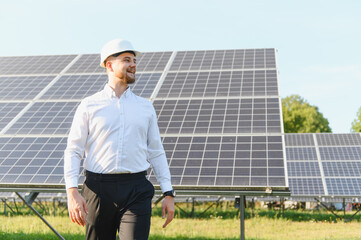 Engineer inspecting solar panels in green energy farm © Serhii