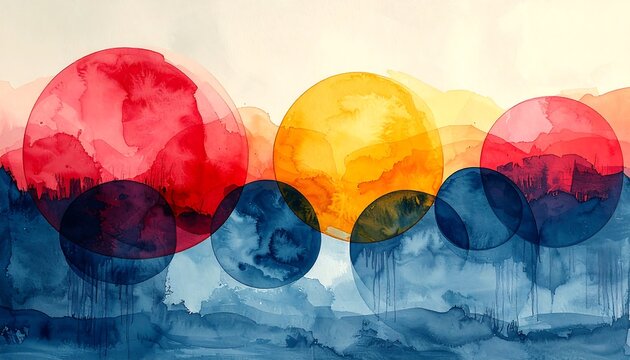 An abstract watercolor composition featuring overlapping, translucent circular forms of various sizes and vibrant colors, evoking a sunrise