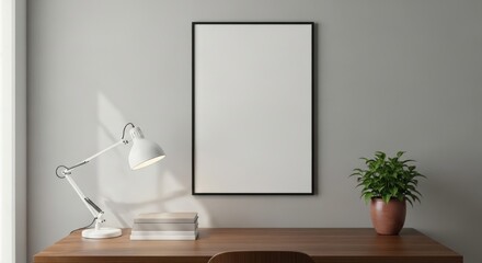 Blank Frame Mockup on Wall Desk with Lamp Books and Plant Home Office Decor