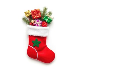 Stuffed Stocking with Presents and Fir Branches Isolated on a White Background Holiday Celebration Stocking Stuffed with Gifts and Greenery