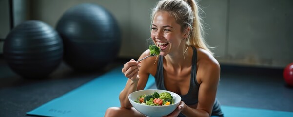 Fit woman eats healthy salad after gym workout. Female athlete rests on yoga mat enjoying fresh vegetables. Nutrition for strong body and mind.