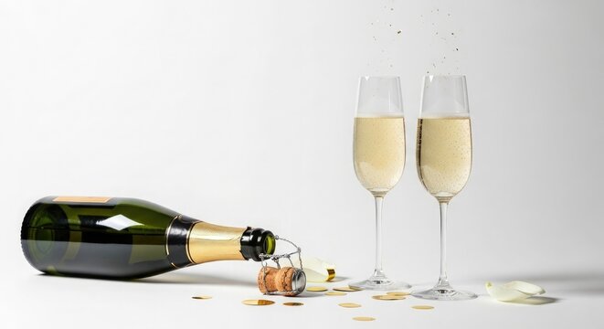 Champagne Bottle with Two Glasses Filled with Bubbly Drinks on a White Background Festive Sparkling Toast Celebration - Powered by Adobe