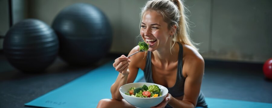 Fit woman eats healthy salad after gym workout. Female athlete rests on yoga mat enjoying fresh vegetables. Nutrition for strong body and mind. - Powered by Adobe