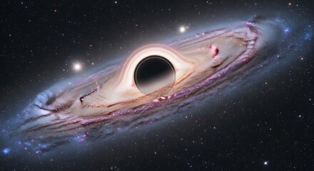 A black hole in the center of a galaxy, with stars and nebulae in the background.