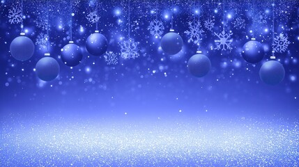 Fototapeta premium Shiny Blue Christmas Background with Hanging Snowflakes and Baubles in Winter Light