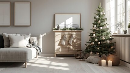 Cozy living room decorated for christmas with a decorated tree and fireplace