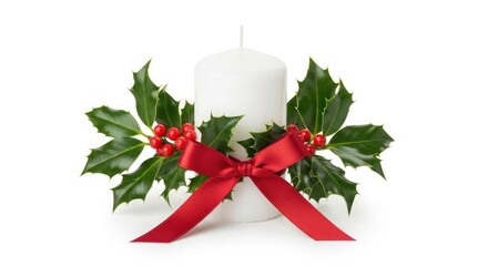 Candlelit Winter Decoration with Holly and Red Ribbon Graceful Holiday Centerpiece Festive Home Accent Seasonal Celebration Ambiance Candle Decoration