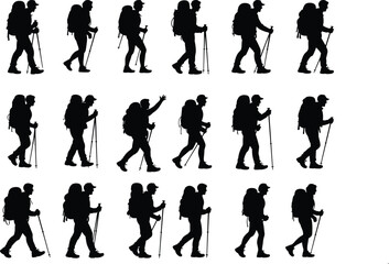 Obraz premium Set of 18 Male Hiker Silhouettes with Backpack and Trekking Poles – Vector Collection Showing Various Walking and Posing Styles for Outdoor and Adventure Designs