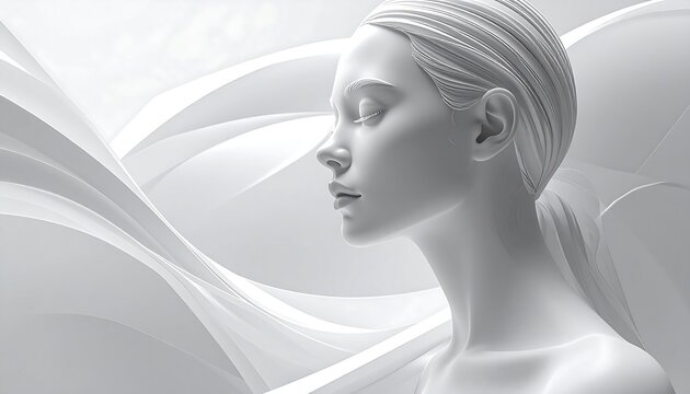An ethereal, monochromatic portrait features a serene female figure in profile against flowing, abstract white shapes. The image evokes purity
