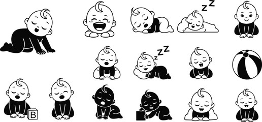 Silhouette babies in multiple poses, crawling sitting sleeping playing reading, infant development illustration, early childhood activities artwork, black outline design -flat vector