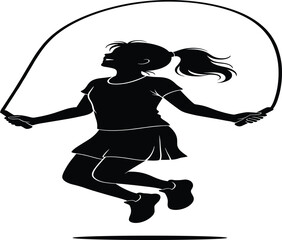 Silhouette child jumping rope, girl skipping outdoors, playful activity illustration, childhood fun, fitness exercise artwork, black outline design vector -flat vector