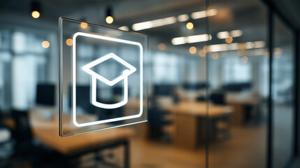 E-learning icon glowing large on transparent glass screen, blurred white classroom background symbolizing modern digital education and interactive learning tools  