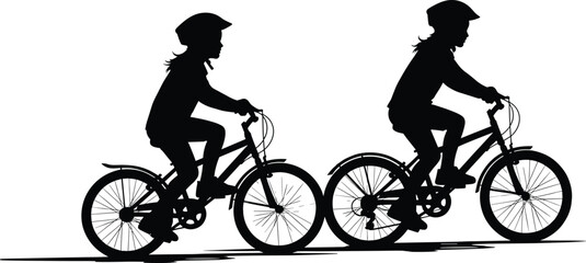 Fototapeta premium Silhouette children riding bicycles, kids cycling outdoors, helmet safety illustration, childhood recreation, healthy lifestyle, teamwork activity, black outline design artwork -flat vector