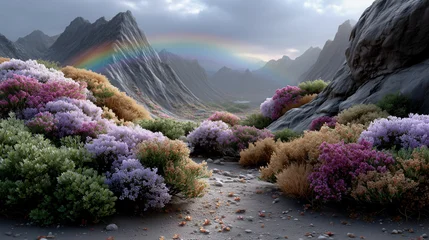 Fotobehang Huisarts Bunte Berglandschaft mit Regenbogen und Lavendelblüten, märchenhafte Natur  © LElik83